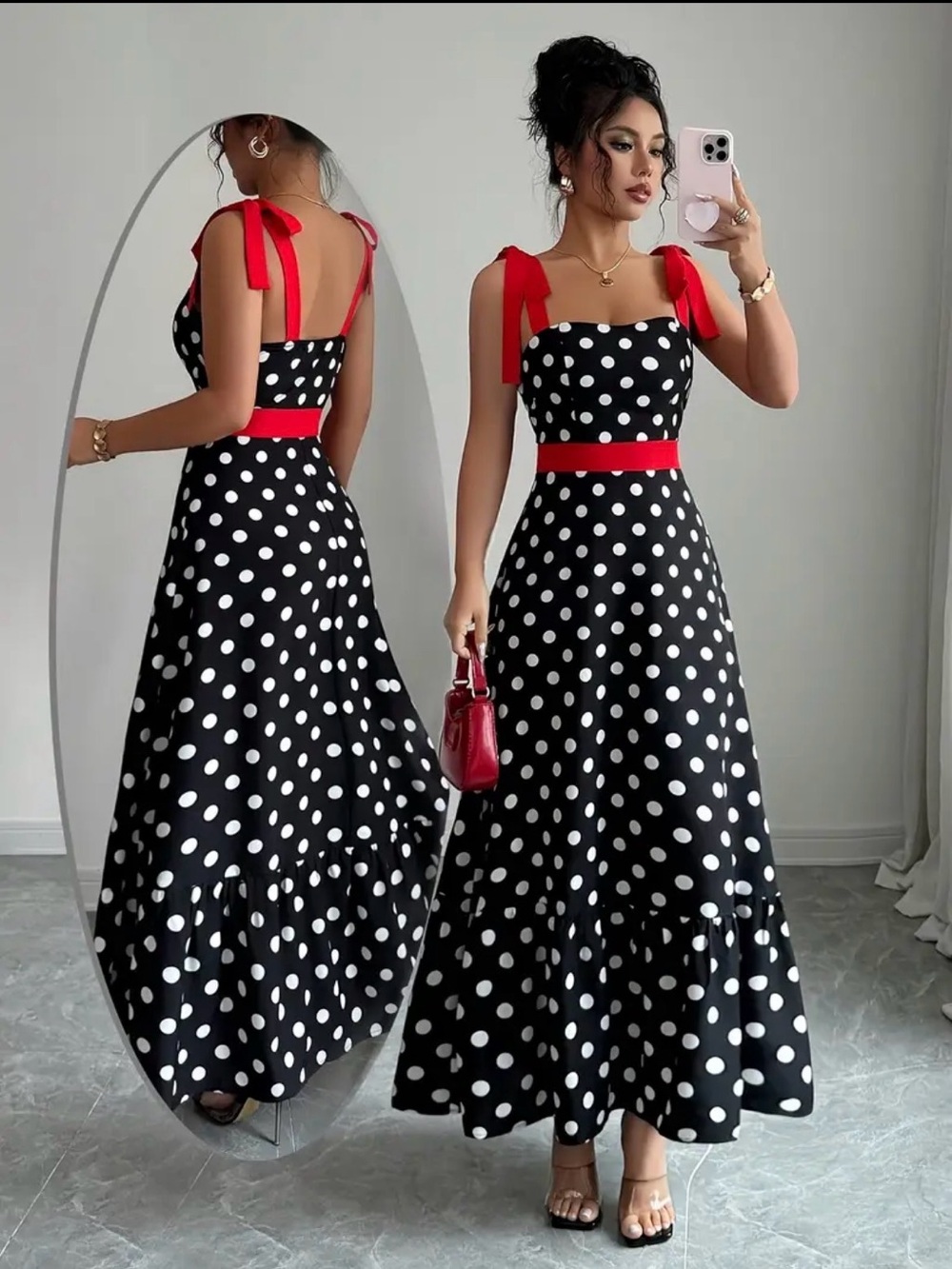 Polka Dot Tie-Shoulder Maxi Dress in Black & White with Red Accents